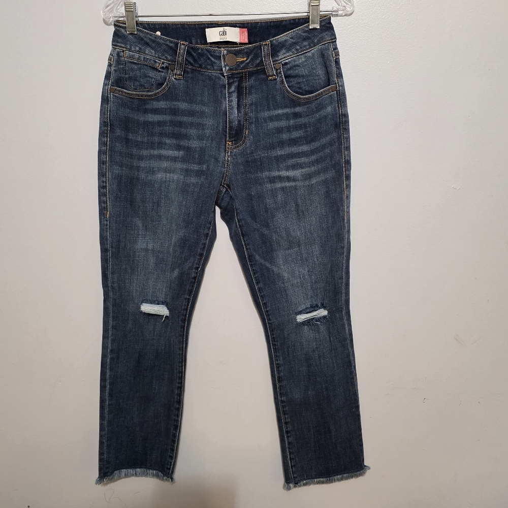 CAbi Cropped High Straight Distressed Jeans - Dark Wash - Size 4